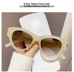 Detail of cat-eye sunglasses featuring a grey-yellow frame and gradient tea lenses