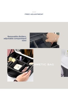 Detail of makeup case featuring adjustable sponge dividers and a large storage capacity
