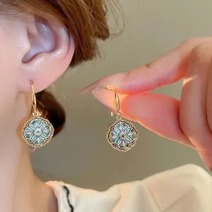 Monet Garden French Vintage Flower Drop Earrings Gold Plated Copper Enamel Zircon Hook Dangle Jewelry For Women Elegant