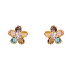 18K gold plated flower stud earrings with colorful zircon gemstones for women