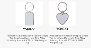 Zinc alloy DIY sublimation keychains in heart and rectangular shapes with dimensions
