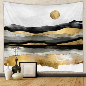 Macro shot of abstract mountain tapestry with golden sun detail on textured wall