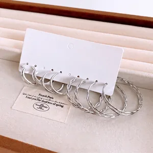 Set di orecchini a cerchio intrecciati argento con design minimalisti su vassoio gioielli