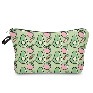 Waterproof 3D avocado carrot print makeup bag with zipper and side handle on white background