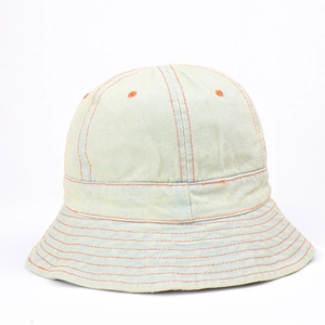 Detail of light blue washed denim bucket hat with contrast orange stitching and retro look