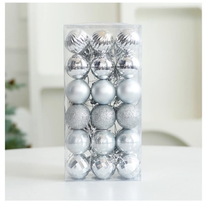 Detail of silver Christmas tree ball ornaments with various textures in a transparent box
