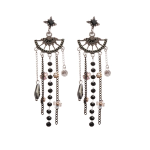 Gothic style silver teardrop tassel earrings with sparkling black crystal flower accents