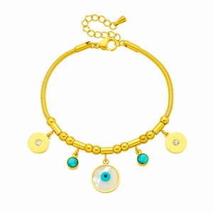 Golden snake chain bracelet featuring evil eye and turquoise pendants in a minimalist style