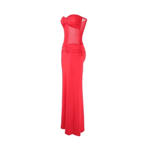 Detail view of red bodycon dress with sheer mesh patchwork and side profile silhouette