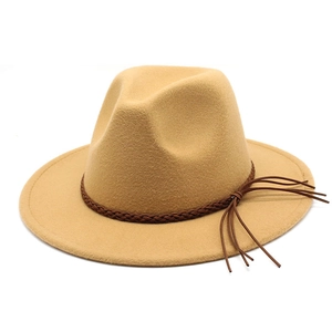 Classic camel wool fedora hat with wide brim and brown braided leather band for women