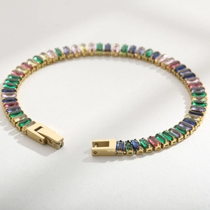 6mm 18K gold plated stainless steel bracelet with multi-colored rectangular zircon stones