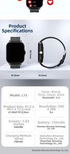L13 Smartwatch specifications detail showing 1.83 inch screen size and dimensions