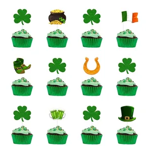 Size guide for 12 St. Patrick's Day cake toppers with shamrock and pot of gold designs