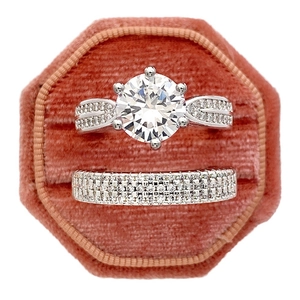 Luxury vintage bridal wedding ring set with six-prong center stone in pink velvet box
