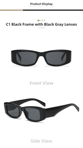 Detailed front and side view of chunky retro square black sunglasses with dark lenses