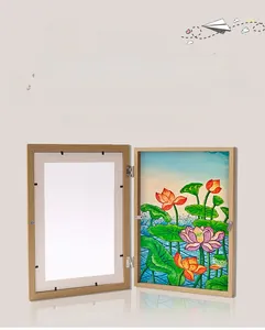Front-opening wood texture A4 kids art frame showing storage space and floral watercolor art