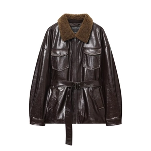 Women Faux Leather Jacket With Faux Lamb Wool Collar Belted Mid-Length Vintage Coated Shiny Outerwear Casual