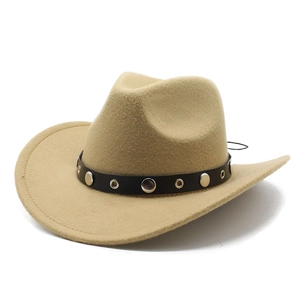 Detailed view of khaki felt cowboy hat with studded brown leather band and metal eyelets