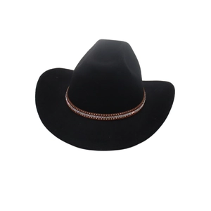 Detailed close-up of a black felt cowboy hat featuring a studded brown leather band