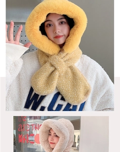 Detail of plush hooded scarf with polka dot pattern and thick faux rabbit fur material