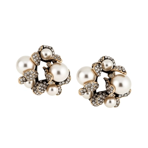 Eleganti orecchini a lobo vintage a fiore con perle bianche e cristalli molto lucidi