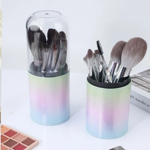 Professional 15pcs makeup brush set in a glitter gradient storage case with dustproof lid