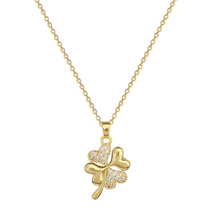 Elegant gold titanium necklace with sparkling rhinestone heart-shaped clover pendant