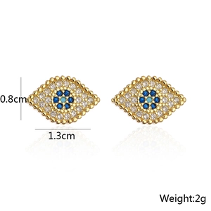 Detailed macro view of 18k gold plated evil eye stud earrings with micro-pave zircons