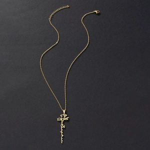 Detail view of gold-plated stainless steel rose pendant with personalized Sophia nameplate