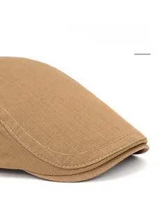 Macro detail of khaki cotton beret showing reinforced stitching and wide curved brim texture