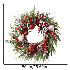50cm Christmas wreath with pine needles, red berries and ornaments on white background