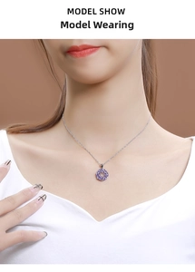 Close-up of S925 silver necklace featuring a round pendant with purple zircons on model