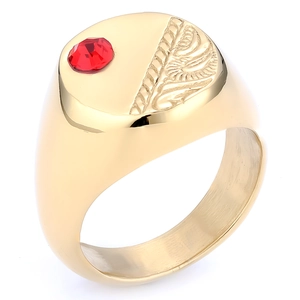 Vintage stainless steel signet ring with red crystal and engraved feather patterns