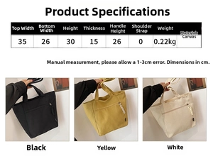 Detailed size chart and multi-color display of large canvas tote bag for women