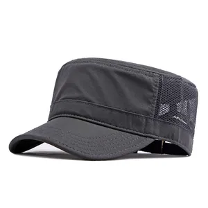 Men's dark grey breathable mesh cadet cap with adjustable metal buckle on white background