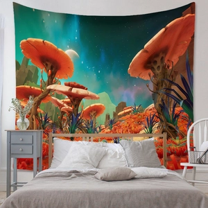 Detail of bohemian mushroom tapestry featuring alien landscape and fantasy starry sky