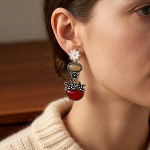 Vintage French floral earrings with oval gemstones and antique silver accents for women