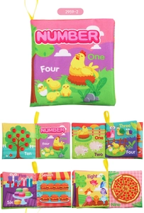 Detailed view of baby number cloth book with colorful animal and food illustrations.
