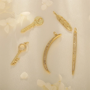 Golden feather moon and key pendants with tiny zircons for DIY jewelry making