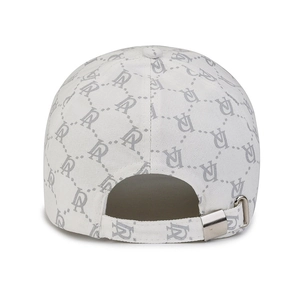 White baseball cap with grey monogram pattern and adjustable silver metal buckle