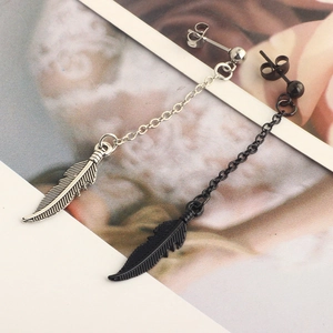 Detail shot of black and silver feather dangle earrings with chain on display card