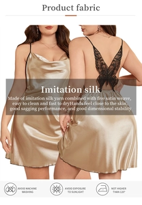 Detail of champagne silk satin nightgown with black butterfly lace embroidery on back