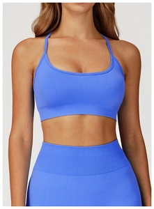 Close-up of sky blue seamless ribbed yoga bra and high-waist leggings on model