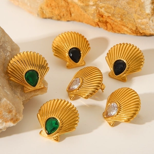 18K gold stainless steel scallop earrings with colorful zircon stones on natural rock