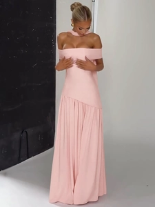 Pink off-shoulder slim maxi dress with elegant side slit and flowing ribbon design