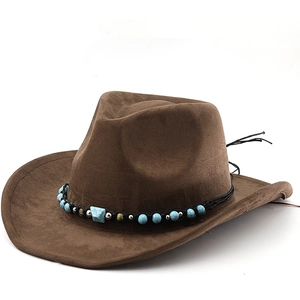 Retro Western Cowboy Hat For Men Women Suede Polyester Wide Brim Bohemian Ethnic With Turquoise Beads Braided Band