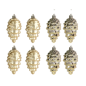 Detailed set of 8 pine cone Christmas ornaments in matte and glossy metallic finishes