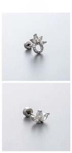 Detailed view of silver lotus stud earring with sparkling zircons and flat screw back
