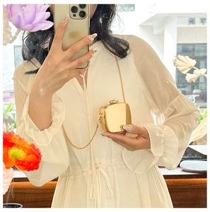 Elegant gold acrylic mini crossbody bag with chain shown in a mirror selfie scene