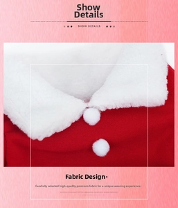 Detail of pet Santa outfit with soft white faux fur collar and fluffy white pom-pom buttons